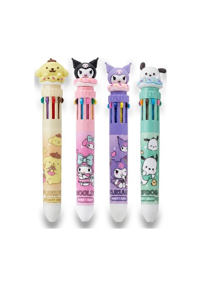 Tek Kalem 10 Renk- Sanrio Karakter Basmalı 10 Renkli Tükenmez Kalemler-4 Kalem Birarada Çok Renkli