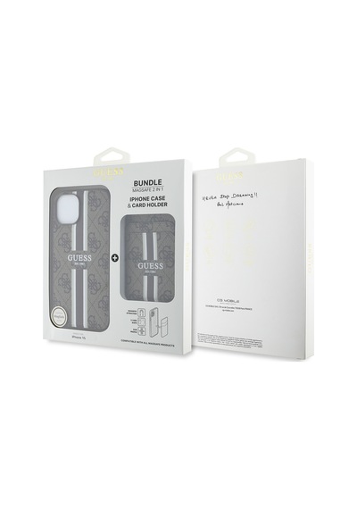 Apple Uyumlu iPhone 15 Kılıf Guess Lisanslı Magsafe Şarj Özellikli 4g Desenli Çizgili Kartlıklı Kapak Kahverengi