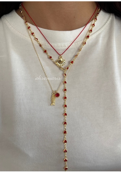 3'lü Kadın Gold Charm Kırmızı Kalp Dekolte Kolye Kombin Altın Altın