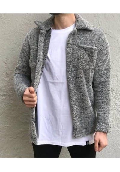 Unisex Gri Düğme Detaylı Cepli Peluş Ceket Gri