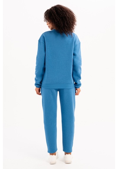 Justever Bisiklet Yaka Nakışlı Şardonlu İçi Polarlı Mavi Kadın Sweatshirt - Rigil Mavi