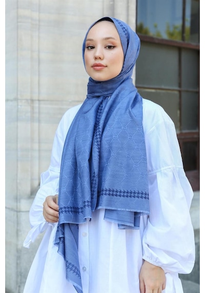 Premium Lux Original Monogram Şal İpek Vual, Yüksek Kalite, Hafif, Rahat, Şık, Tesettür, Shawl Mavi - Siyah