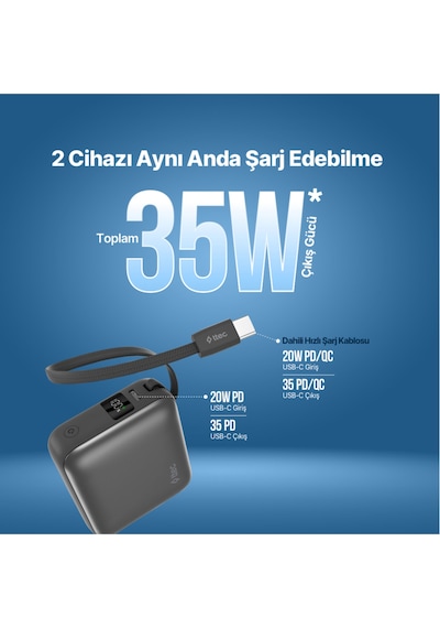 Ttec 2BB232GR Recharger Mini LCD 10.000 mAh PD 35W USB-C Dahili Kablolu Taşınabilir Hızlı Şarj Aleti