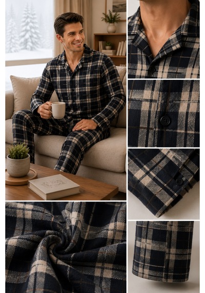 Free Beka Ekose Desenli Uzun Kollu Gömlek Yaka Düğmeli Erkek Pijama Takımı Bej