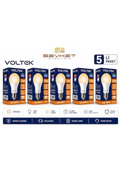 Voltek 15 Watt Led Ampul Günışığı 5'li Paket 5 Adet