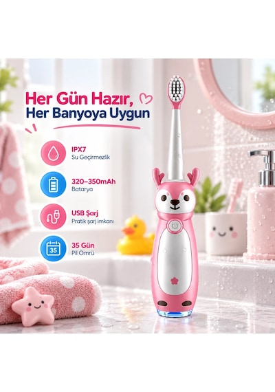 Venandın Pofidik Sevimli Geyik Tasarımlı Çocuk Sonic Elektrikli Diş Fırçası Usb Şarjlı - Yumuşak Kıl