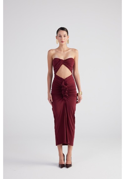 Holly Lolly Büzgü Detaylı Straplez Yırtmaçlı Hailey Elbise Bordo