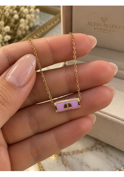 14 Ayartasarım Pembe Mineli Ve Gold Detaylı Silindirik Altın Kolye