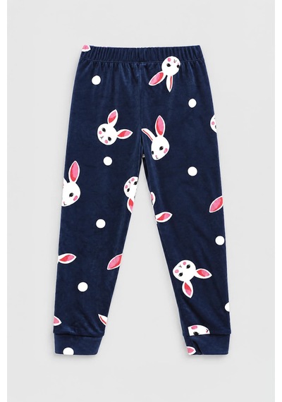 Markapia Kız Çocuk Tavşan Desenli Yumuşak Kadife Dokulu Pijama Takımı Lacivert