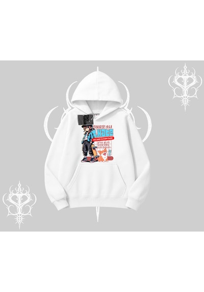 Kapşonlu Sweatshirt Anime Hiker Girl Balance Is Everything Baskılı Beyaz