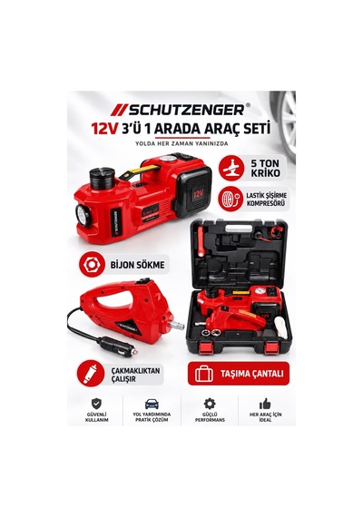 3 Lü Araç Seti 5 Ton Kriko Kompresörlü Ve Somun Sökme Sıkma 2 Anahtarlı 12volt German Çantalı Kırmızı Yt5011