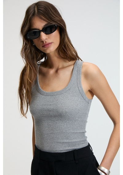 Ethıquet Lıllesol Kadın Fitilli Görünümlü Slim Fit Vücuda Oturan Havuz Yakalı Pamuklu Basic Antrasit