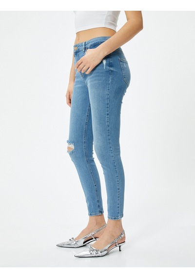 Koton Dar Kesim Yüksek Bel Kot Pantolon Yıpratmalı Esnek Cepli Pamuklu - Carmen Skinny Jeans Açık İndigo 4sal40060md Açık İndigo