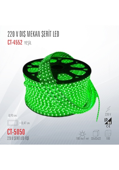 Cata Ct-4552 220 V Dış Mekan Şerit Led Yeşil Renk 5 Metre