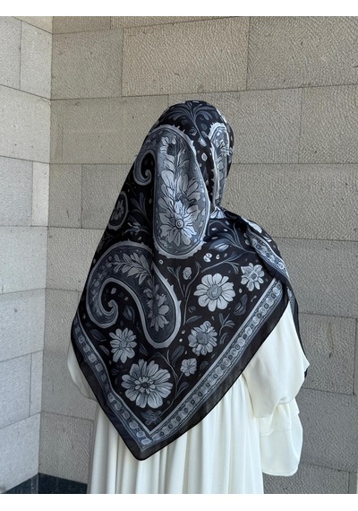 Qalortex Scarf Pamuklu Vintage Desen Eşarp-siyah/gri Siyah-Gri