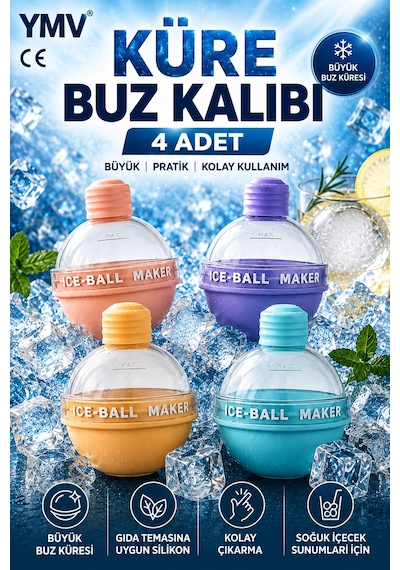 Ymv 4 Adet Küre Buz Kalıbı Büyük Yuvarlak Buz Topu Kalıbı Kahve Kola Soğuk İçecek Buzluğu Asorti