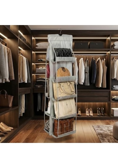 Ayrex Orret Home 10 Bölmeli Askılı Çanta Organizeri 37x125 Cm Gri Renk, Dolap İçi Asılabilir Çanta Düzenley Altın