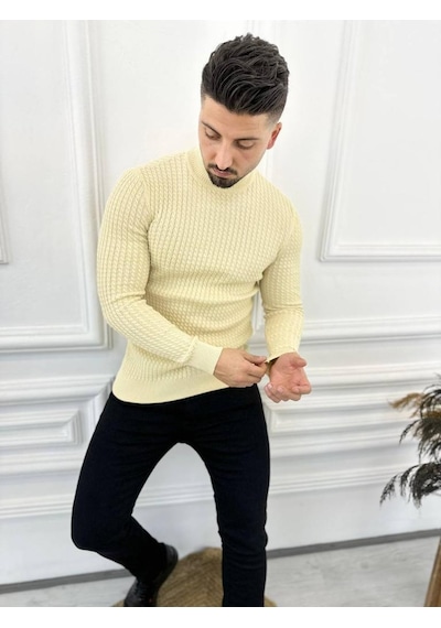 Elku Moda Kazak Slim Fit Tüylenmez Naturel Pamuk Triko Boğazlı Balıkçı Yaka Kazak Krem