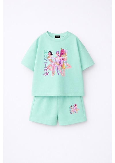 Fasardi Kpop Demon Hunters Huntrix Zoey Rumi Mira Baskılı Oversize %100 Pamuk Tişört Şort Çocuk Takım Su Yeşili