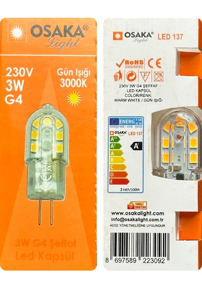 2 Adet Osaka 3w Sarı Işık 3000k G4 Duylu Led Kapsül Ampul