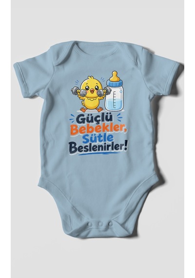Morivokids Güçlü Bebekler Sütle Beslenir Kısa Kollu Bebek Body %100 Pamuk Bebe Mavisi