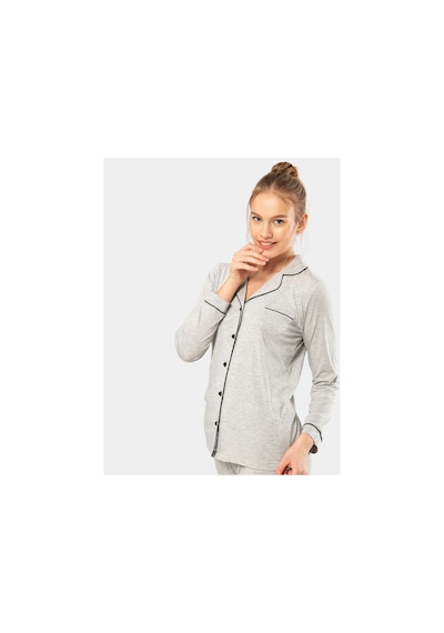 Türen Düz Uzun Kollu Gömlek Yaka Pijama Takım 3365/gri 001