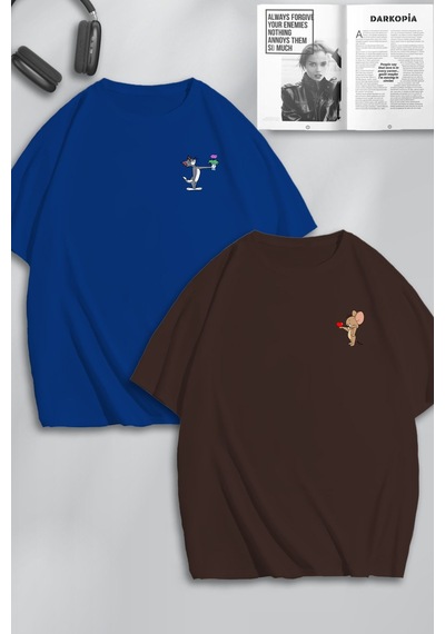 Unisex Kadın Erkek Çiçekli Tom Ve Jerry Baskılı Sevgili Çift Kombini Tasarım Oversize Tshirt 2'li Kahvemavi Mck0143 Çok Renkli