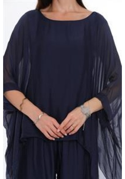 Bohem Stil İtalyan Yarasa Kollu İpek Bluz-9220 Lacivert