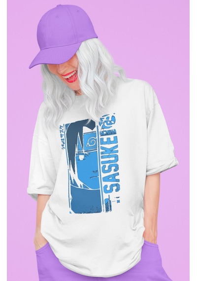 Tasarım Uchiha Sasuke Baskılı Unisex Oversize Naruto Anime Dizi K Beyaz