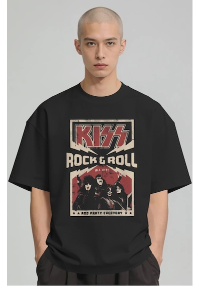 Kiss Rock Metal Müzik Grubu Baskılı Unisex Oversize Premium Tişör Siyah
