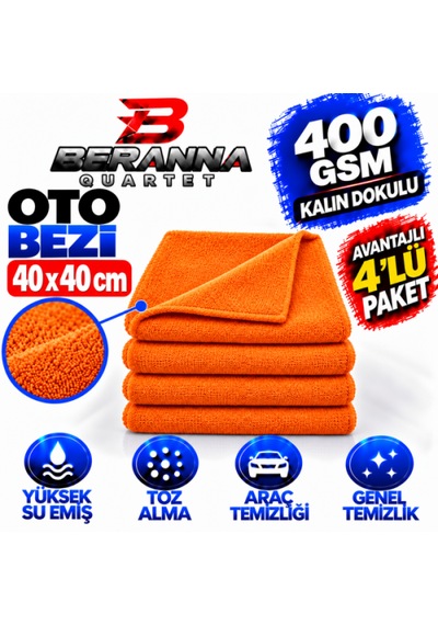 Microfiber Oto Kurulama Bezi 40x40 400 Gsm Kalın Dokulu Turuncu Avantajlı 4 Lü Paket