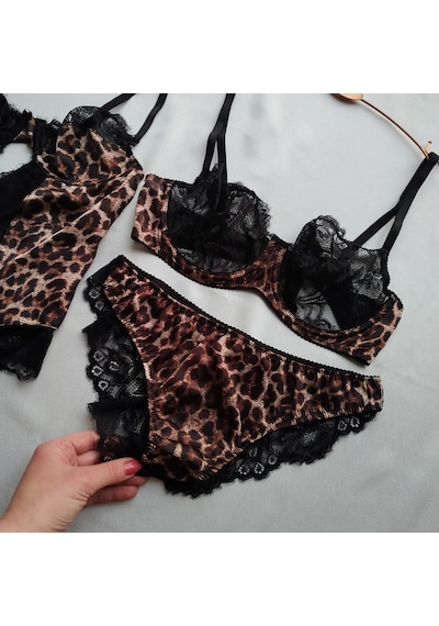 Leopar Tül Dantel Tanga Bodysuit Ve Leopar Dantel Detaylı Sütyen Takımı