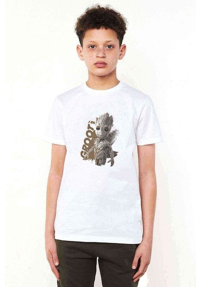 Tshirthane I Am Groot Brush Baskılı Unisex Çocuk Beyaz T-Shirt