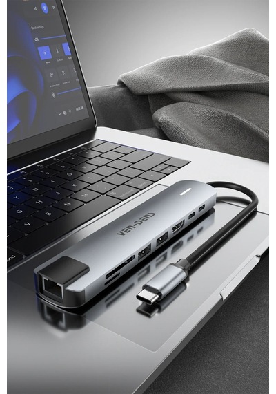 Ven-dens Vd-adp020 8 İ 1 Arada Usb-c Hub Adaptör, 4k 30 Hz Hdmı, 90 W Pd, Usb 3.0, Rj45, Gri