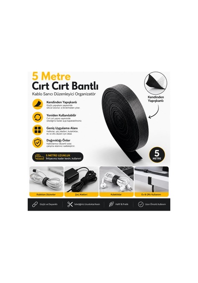Coofbe 5 Metre Cırt Cırt Kablo Düzenleyici Bant Kesilebilir Kablo Toparlayıcı Bağ Ve Tutucu Kablo Düzenleyici