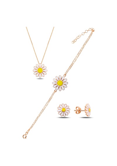 Çekirdekjewelry 925 Ayar Gümüş Rose Papatya Kolye Bileklik Küpe Seti Sarı Mineli Çiçek Takım Pembe
