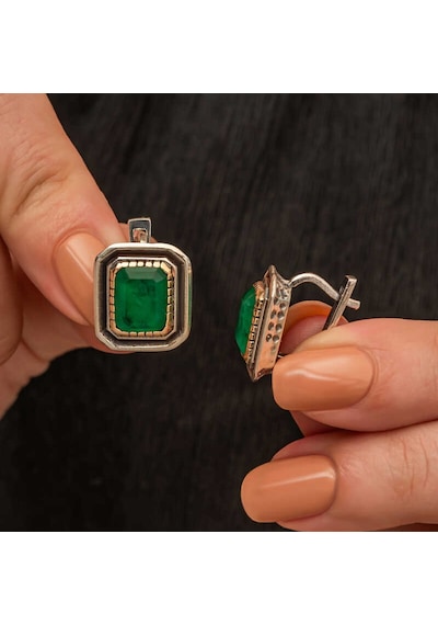 Gümüş Yeşil Taşlı Otantik Kadın Küpe 14 MM-Gümüş