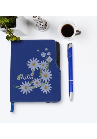 Kişiye Özel Papatya Temalı Lacivert Termo Deri Defter Kalem Seti- N11.136