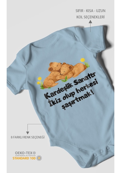Morivokids Kardeşlik Sanattır, İkiz Yazılı Kısa Kollu Bebek Body %100 Pamuk Bebe Mavisi