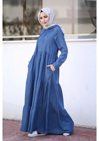 Neways 6531-Kapüşonlu Reglan Kollu Elbise Koyu Mavi