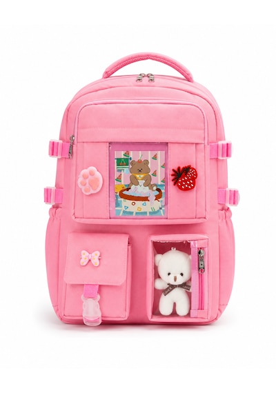Quovo Kawaii Kore Tarzı Full Aksesuarlı Yerli Günlük Okul Çantası Kız Erkek Beslenme Kalemlik Çanta Seti Pembe