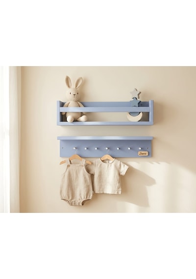 50 CM İkili Montessori Ahşap 50x10 Cm Duvar Rafı, İsme Özel Çocuk Odası Kitaplık Ve Askılık, Dekoratif Duvar Rafı, İkili Montessori Ahşap Çocuk Rafı. Mavi