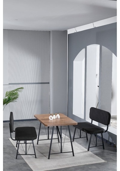 Hayat 70x110 Atlantik Mutfak Masası, Mutfak Masası Takımı, Yemek Masası, 2 Benchli - Siyah Siyah