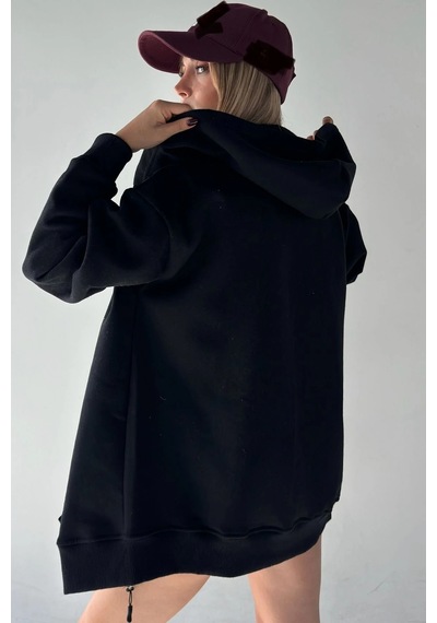Bb Butik Basic Oversize Kalın Üç Iplik Fermuarlı Kapüşonlu Sweatshirt siyah