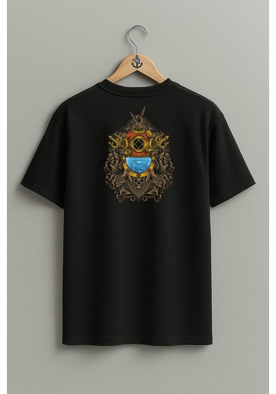 Bahriyeli Collection Oversize Dalgıç Antique Diving Helmet Cep Ve Sırt Tasarımlı Unisex T-shirt SIYAH