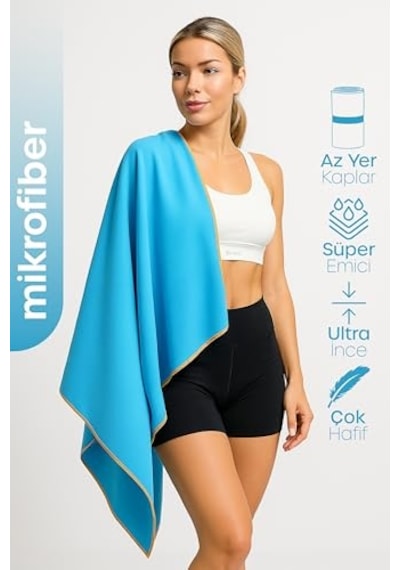 Unisex Mikrofiber Plaj Havlusu 80x130 Cm Yumuşak Dokulu Deniz Banyo Sporcu Havlusu Large Boy Turkuaz Açık Bej