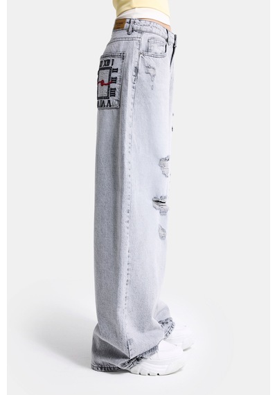 it's basic Kadın Gri 12s6-12 Süper Baggy Fit Yırtık Ve Nakış Detaylı Özel Tasarım Denim Jean