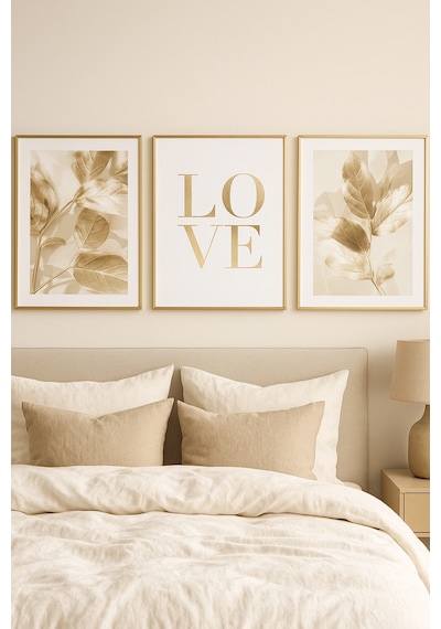 Altın Zarafet Gerçek Cama Baskı Gold Alüminyum Metal Çerçeveli 2'li Modern Tablo