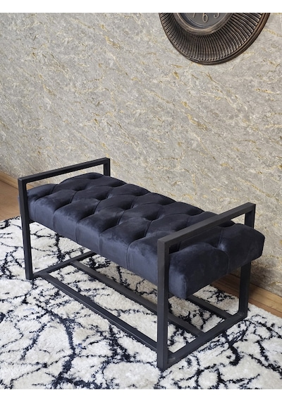 Zafir Siyah Boyalı Metal 80 Cm Puf Bench - Antre Puf - Hol Bench - Puf - Oturak - Bench Füme