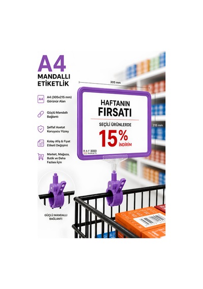 A4 Mandallı Fiyatlık Etiketlik Sepet Raf Askılık Fiyat Etiketi Çerçeveli Market Mağaza Mor